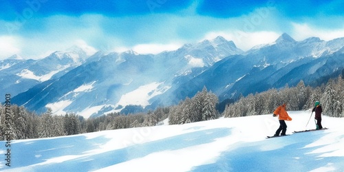 AI-generated Image Of Ski Sliders On A Slope In The Alps Watercolor Landscape