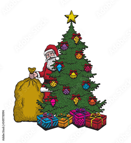 Vector illustration of Santa Claus behind Christmas tree