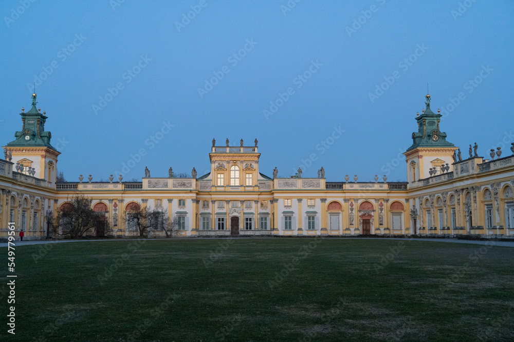 beautiful view on Royal Wilanow Palace located in the Wilanów district, Warsaw in early spring evening