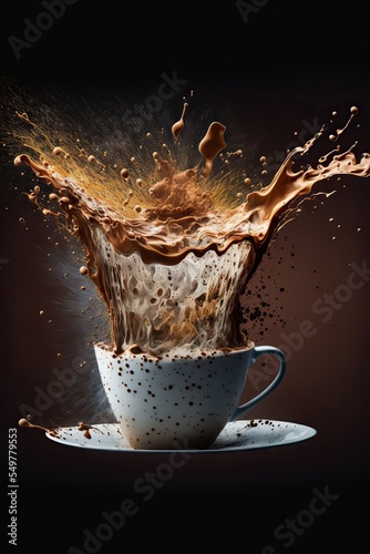 Tablou canvas Exploding chocolate coffee, mug on studio background, splash of hot drink