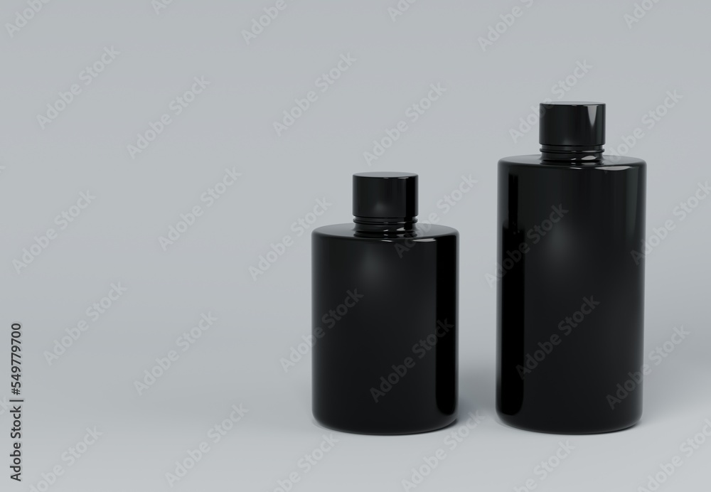 Two black plastic shampoo bottles standing on gray background 3D render business template Two black plastic shampoo bottles standing on gray background 3D render business template