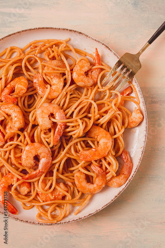 Spaghetti with king shrimps , with spices, top view, selective focus, homemade, no people,