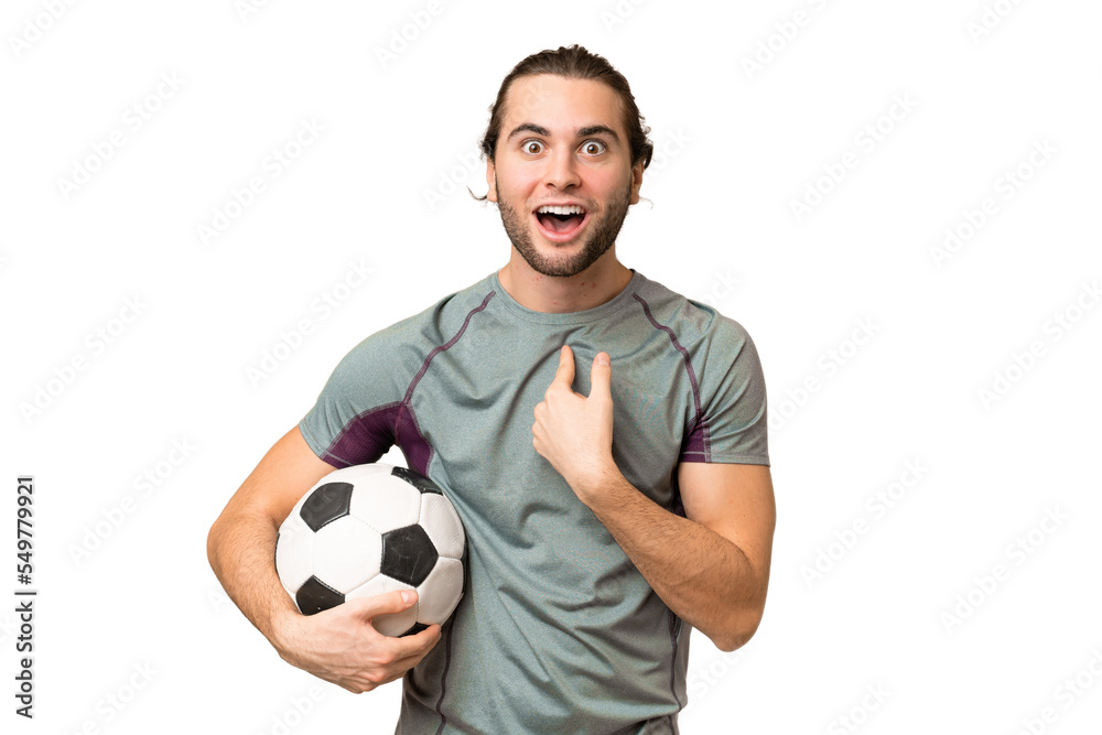Young handsome football player man over isolated background with surprise facial expression Young handsome football player man over isolated background with surprise facial expression