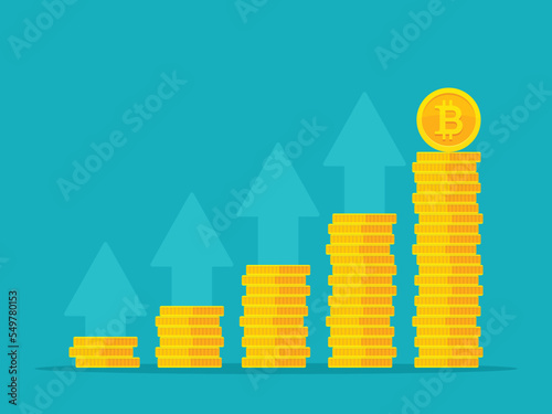 Bitcoin growth concept. Stacks of gold coins like income graph with bitcoin. Vector illustration isolated on colored background