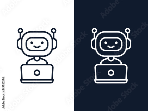 Chatbot outline icon. Bot sign design. Cute robot working behind laptop. Smiling customer service robot. Flat line style vector illustration isolated on white and black backgrounds