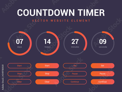 Countdown timer vector website element with buttons. Flat digital clock timer application template. Countdown timer for coming soon or under construction