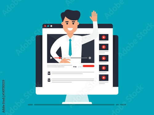 Online business coaching vector illustration. Video business course education online. Smiling influence video blogger in video. Webinar icon, online training. Vector illustration