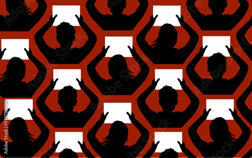 A pattern of Men and women are raising A4 white paper in front of a red background , vector 