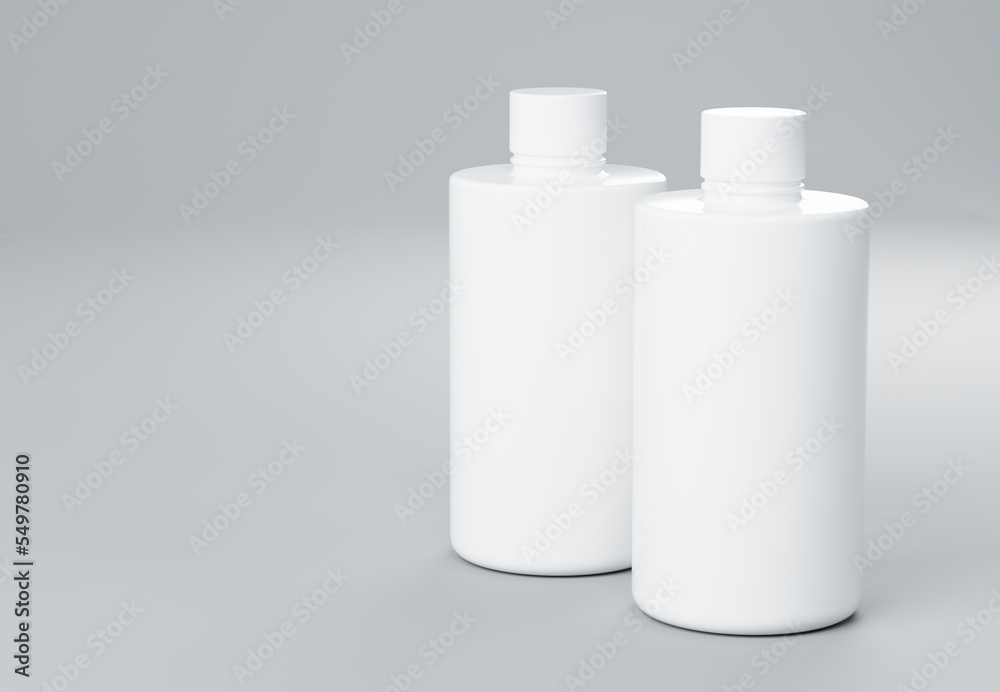 Two white plastic shampoo bottles standing on gray background 3D render business template Two white plastic shampoo bottles standing on gray background 3D render business template