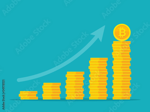 Bitcoin growth concept. Stacks of gold coins like income graph with bitcoin. Bitcoin revenue vector illustration isolated on colored background