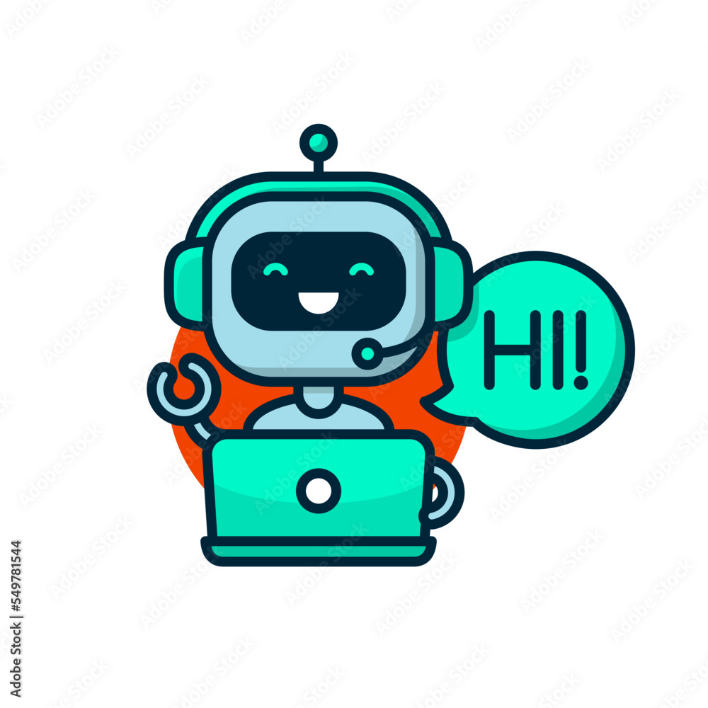Fototapeta premium Chatbot icon. Cute smiling robot say Hi behind laptop. Virtual assistant avatar icon. Support customer service chatbot icon. Vector modern line character illustration isolated on white