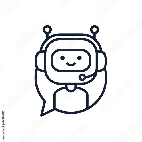 Chatbot vector line icon concept. Cute robot in headphones inside speech bubble. Smiling customer support service robot. Vector icon isolated on white background