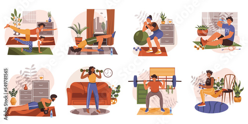 Fitness exercising at home web concept in flat design. Men, women and family doing workout, training with dumbbells or ball, practice yoga. Healthy lifestyle modern people scene.
