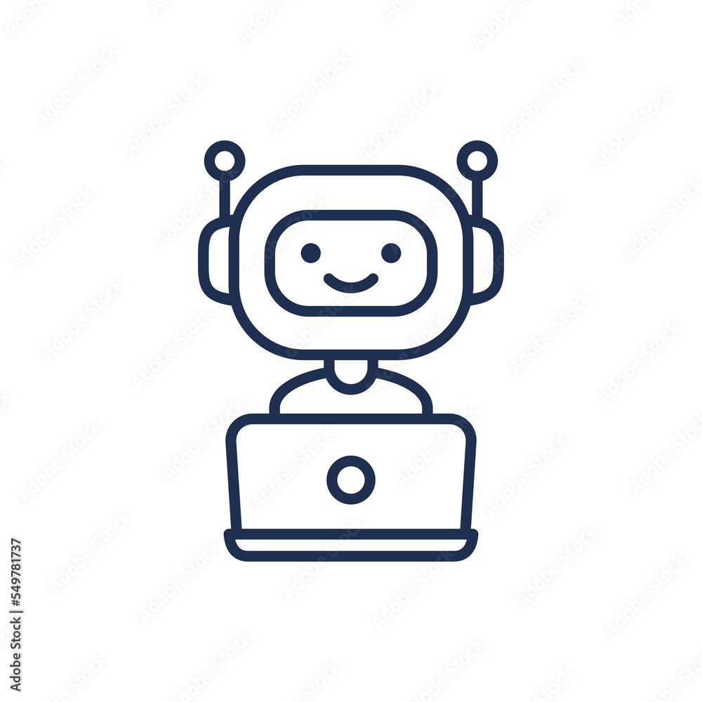 Chatbot line icon. Vector outline symbol of cute smiling robot working behind laptop. Modern linear sign isolated on white background Chatbot line icon. Vector outline symbol of cute smiling robot working behind laptop. Modern linear sign isolated on white background