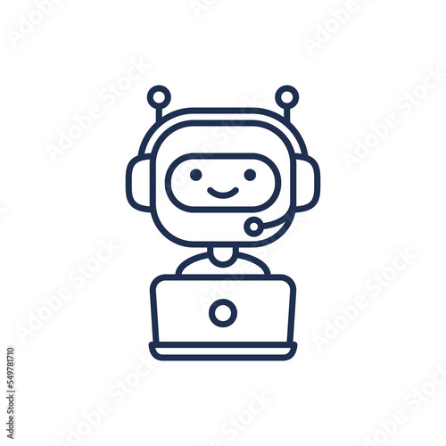 Chatbot outline icon. Cute robot working in headphones behind laptop. Modern bot sign design. Smiling customer service robot. Flat line style vector illustration isolated on white background © denvitruk