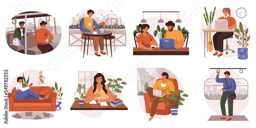 People sit in gadgets web concept in flat design. Men and women browsing at smartphones and laptops at home or outdoor. Online communication and internet addiction modern scene. photo