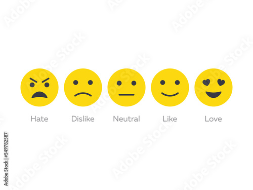Feedback emoticon icon set. Hate and love emojis. Smiley feedback. User experience rate with smileys. Level of customer satisfaction. Feedback in form of emotions. Vector flat icons