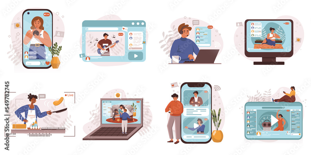 Video streaming web concept in flat design. Men and women making online broadcasts for blogs, communicate with followers, recording video content, blogging modern people scene. Video streaming web concept in flat design. Men and women making online broadcasts for blogs, communicate with followers, recording video content, blogging modern people scene.