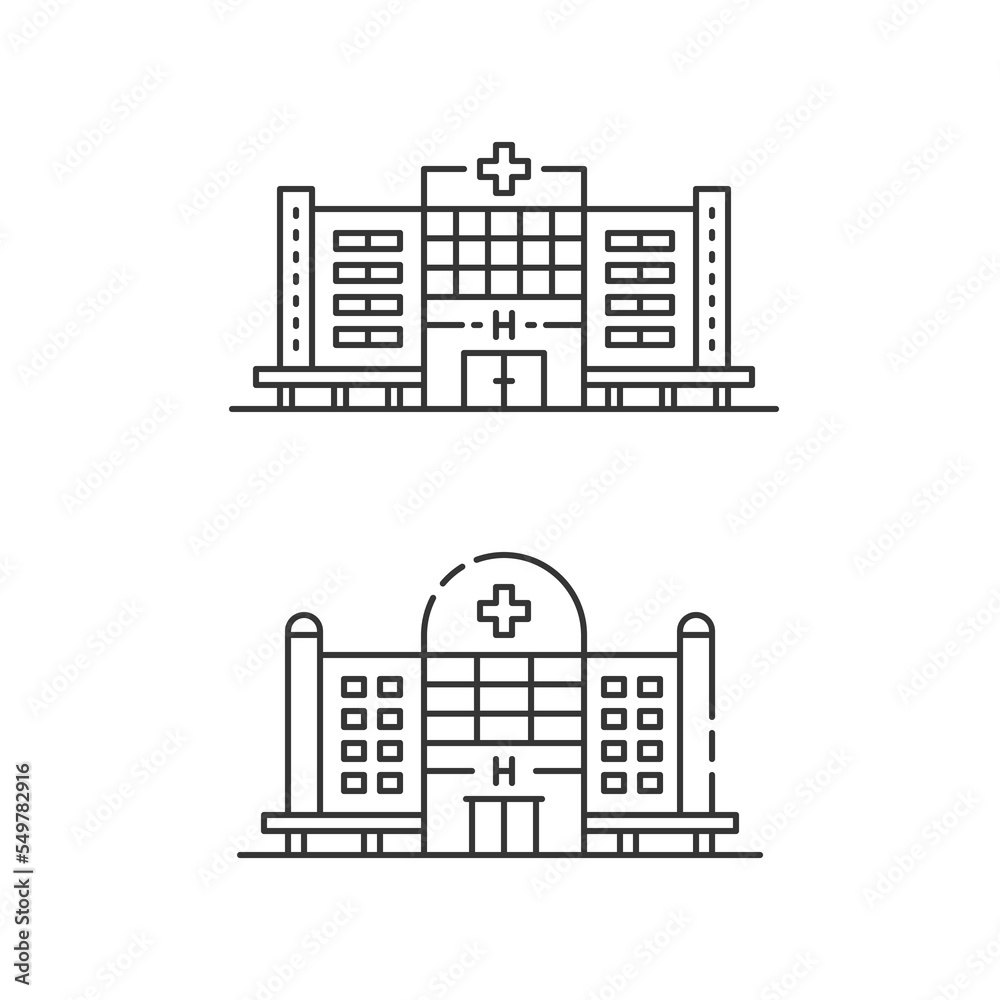 Obraz premium Hospital icons. Set of medicine buildings. Medical center signs concept in flat line style. Private clinic symbols. Vector modern illustration isolated on white background