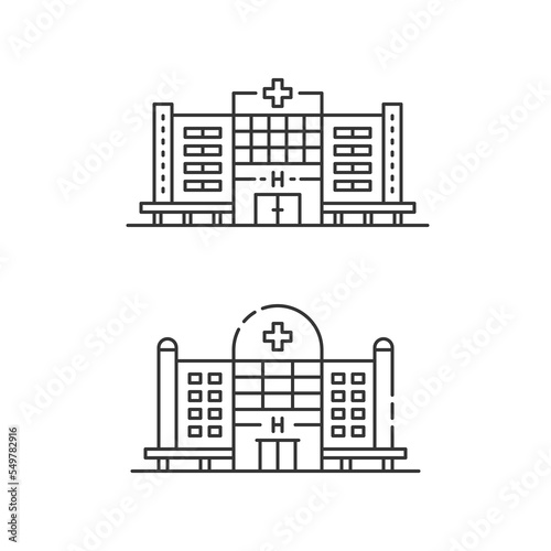 Hospital icons. Set of medicine buildings. Medical center signs concept in flat line style. Private clinic symbols. Vector modern illustration isolated on white background