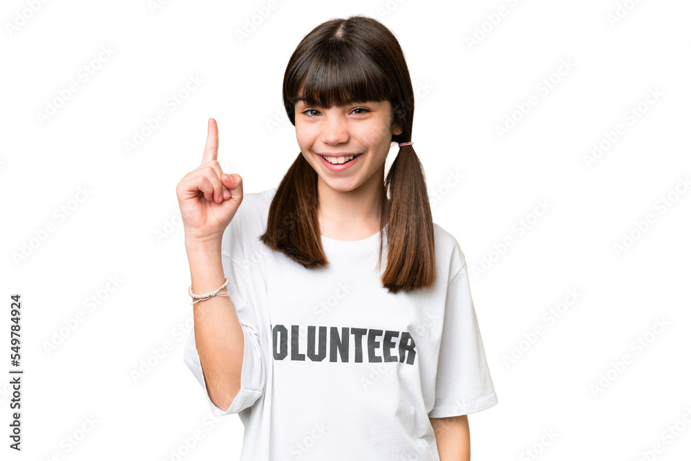Little volunteer girl over isolated background pointing up a great idea Little volunteer girl over isolated background pointing up a great idea