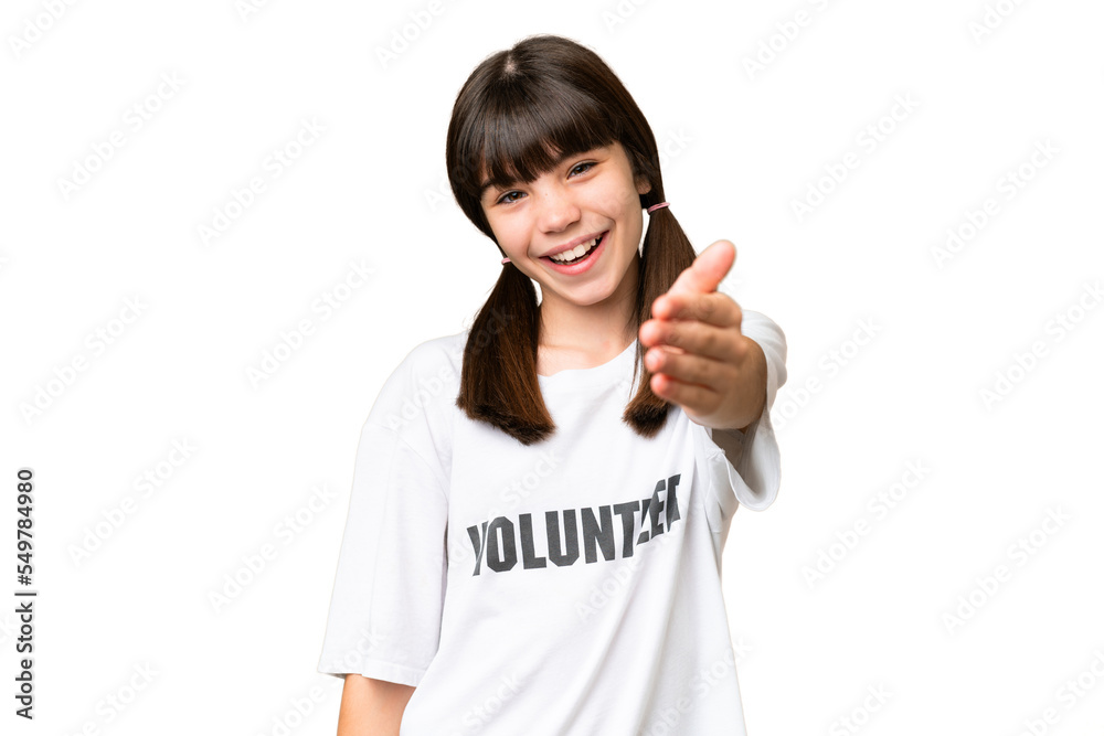 Little volunteer girl over isolated background shaking hands for closing a good deal Little volunteer girl over isolated background shaking hands for closing a good deal