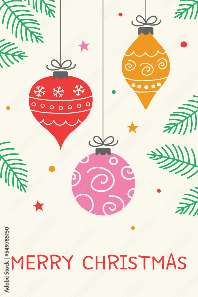 Colourful hanging Christmas baubles. Greeting card with decorations. Vector illustration