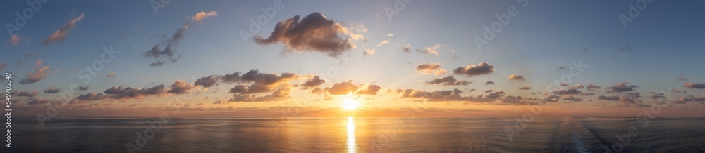 Dramatic Colorful Sunrise Sky over Mediterranean Sea. Sky with Sunrays. Cloudscape Nature Background. Panorama