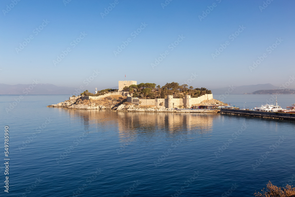 Historic Landmark, Kusadasi Castle, in a Touristic Town by the Aegean Sea. Kusadasi, Turkey. Sunny Morning Sunrise.