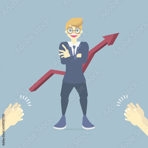 proud, confident, arms crossed businessman, office worker with applause, clapping hands, successful, achievement and congratulations concept, flat character design vector illustration clip art