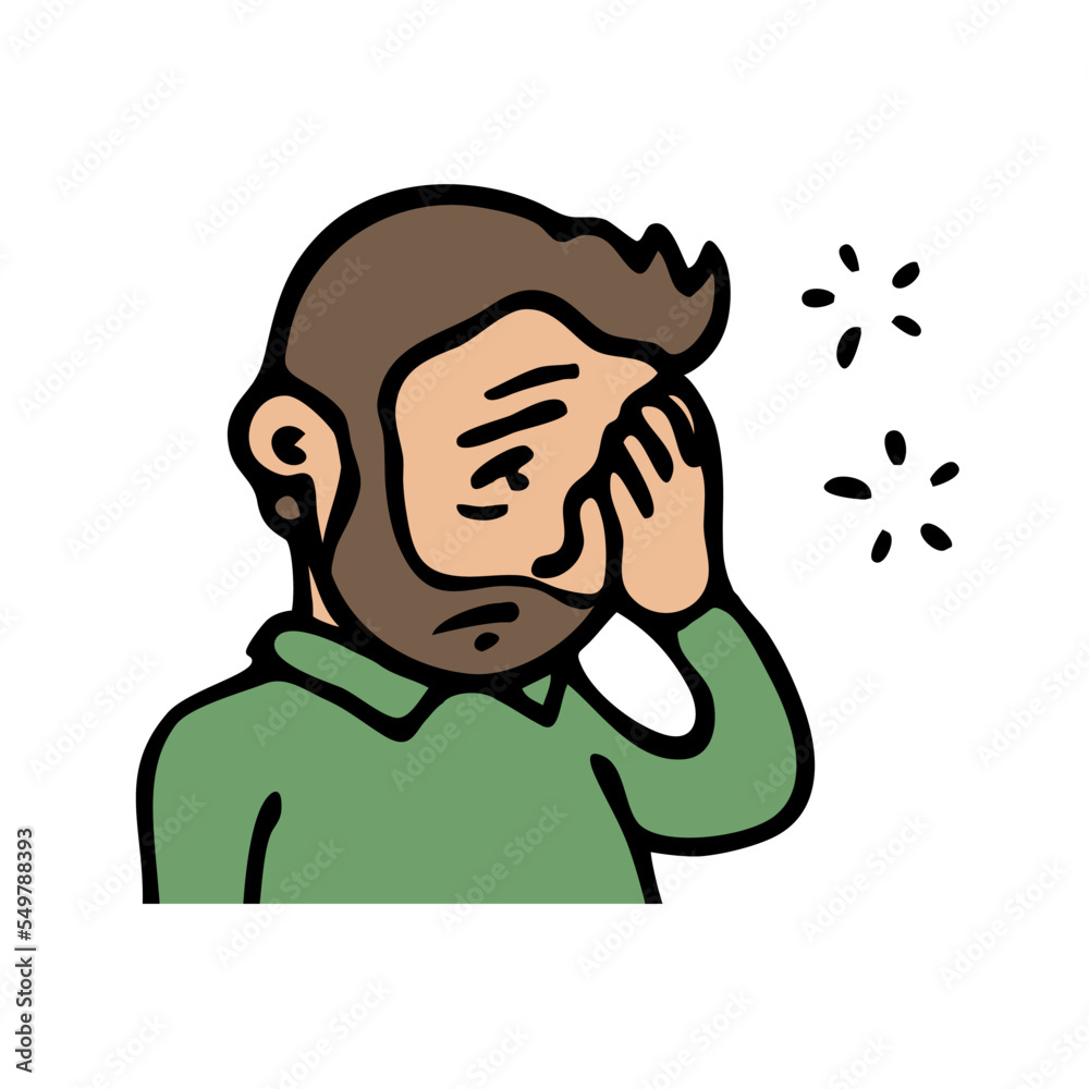 A young man with a beard has a headache. Illness cold, stress, fatigue. Cartoon vector comic art illustration isolated on white background. Hand drawn outline sketch A young man with a beard has a headache. Illness cold, stress, fatigue. Cartoon vector comic art illustration isolated on white background. Hand drawn outline sketch