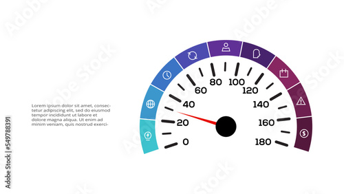 Speedometer infographic with 9 elements template for web, business, presentations, vector illustration.