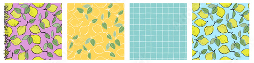 Seamless patterns set with hand drawn berries and lemons for surface design and other design projects. Gardening, summer, healthy food themes