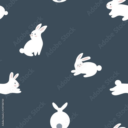 Bunny seamless pattern. Minimal concept. White rabbits on dark background.