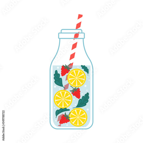 A bottle of infused water with fruit slices and a straw. Healthy summer drinks for refreshment and fitness. Homemade fruit and vegetables water with seasonal ingredients.