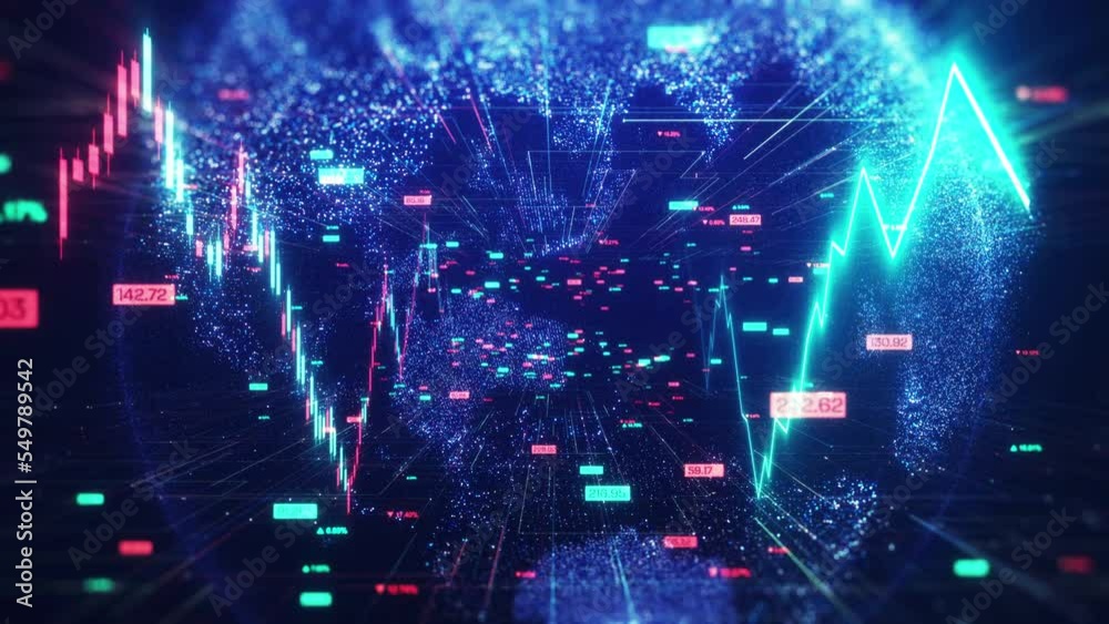 Stock market concept.  Stock market tickers with a world map and stock indexes, graphs, charts. Digital animation of Stock market prices changing. 4k animation