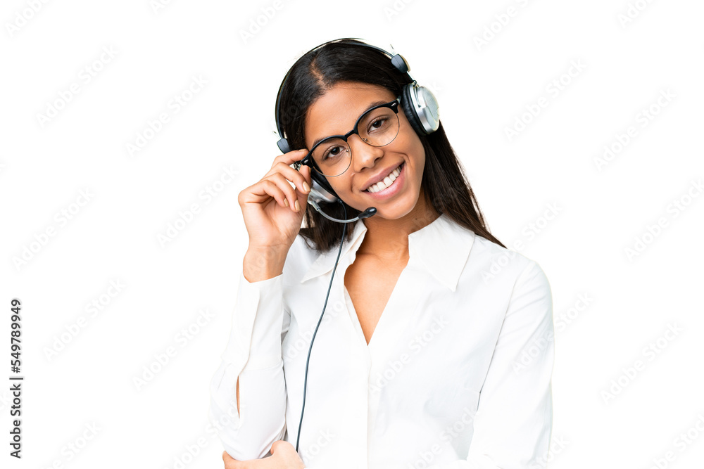 Telemarketer African American woman working with a headset over isolated chroma key background with glasses and happy Telemarketer African American woman working with a headset over isolated chroma key background with glasses and happy
