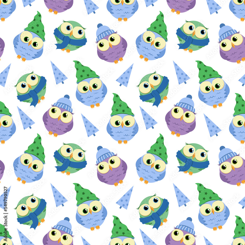 Seamless pattern with cute owls and pine trees on white background