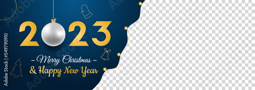 2023 gold text. Christmas background with New Year golden icon. Transparent backgound with realistic garland. Vector illustration concept