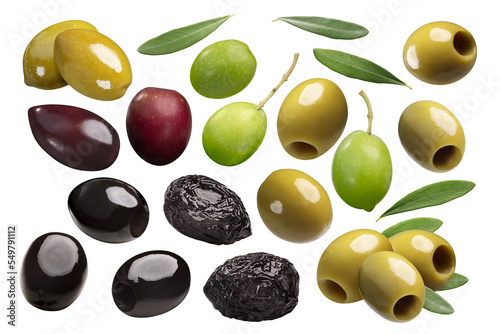 Black, green, pickled, whole and pitted, cured or sundried olives with leaves isolated png photo