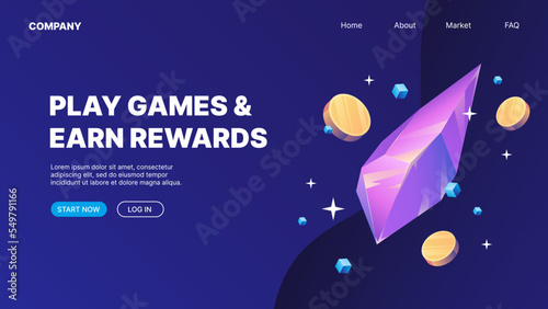 Violet crystal with flying coins. P2E Crypto Games Landing Page Concept. Earn Rewards playing crypto games. Vector illustration