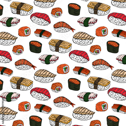 Sushi and rolls seamless pattern isolated on white background