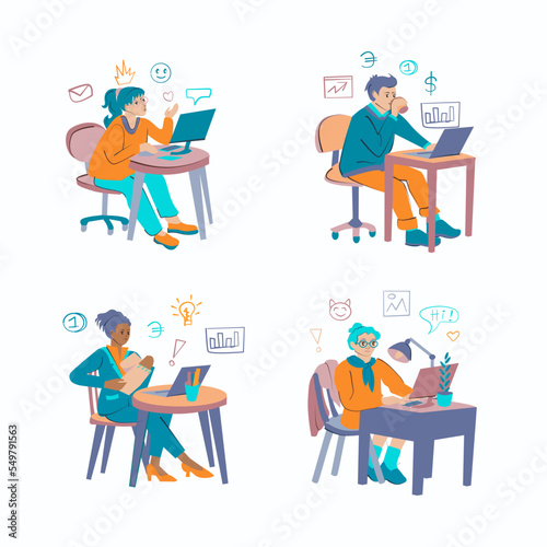 Computer work concepts. Vector illustration of a set of cartoon diverse business people in working at a computer or laptop in different directions.