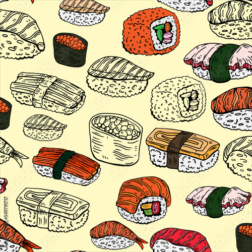 Sushi and rolls seamless pattern isolated on white background