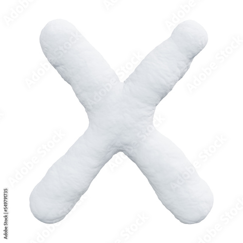 Letter X made of snow. Winter font on a white background. Realistic 3D render