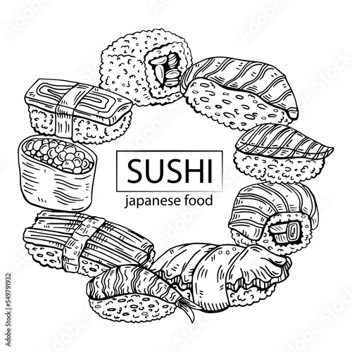 Sushi frame template with space for text. Japanese cuisine isolated on white background. Vector illustration, clip art