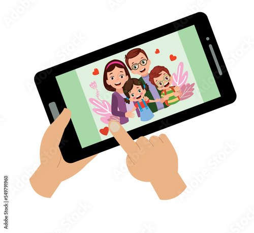 Video Conference. Cute little Kid using tablet for video call with friend. Children happy smile using internet technology for talking. girl face on screen. Vector cartoon illustration for call