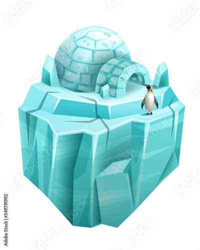 Glacier game island, north igloo house, isometric arctic vector ice land, 3D cartoon iceberg. Penguins, cool polar UI surface, frozen environment scene. Blue crystal winter glacier island concept