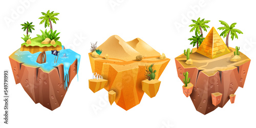 Game island, vector isometric 3D floating land, Egypt desert pyramid, jungle palm, UI environment. Flying platform concept, summer tropical scene sand dune, water. Exotic nature game island kit