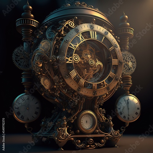 Vintage mechanical clockwork of various types. Steampunk mechanism of old clock. Mechanical gears. Steampunk art style. The art of digital design. Generative AI